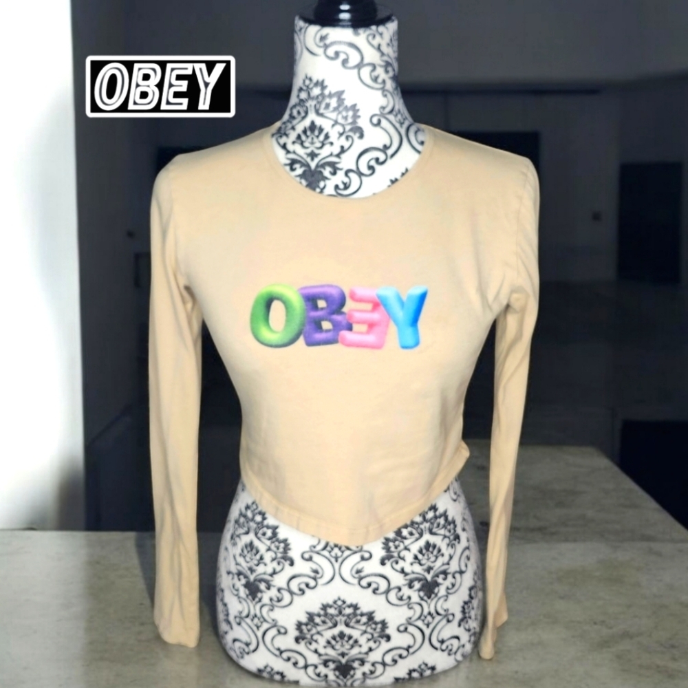 OBEY Cream Colored Long Sleeve Crop Top- Small
